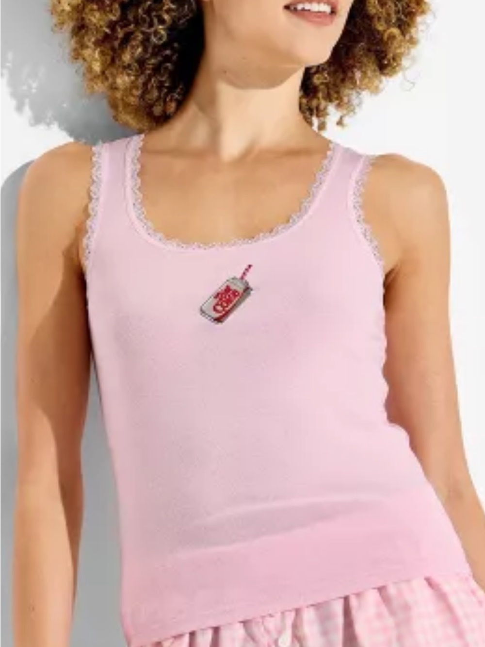 Diet Coke Pink Lace-Trim Tank Top with Embroidery